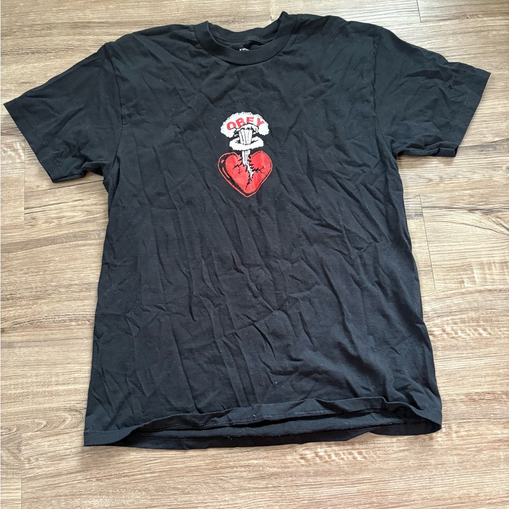 Obey Black T-Shirt with Red Heart Design